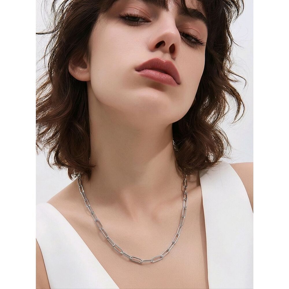 Silver Paperclip Chain Necklace 3mm Stainless Steel Link Minimal Modern Trendy